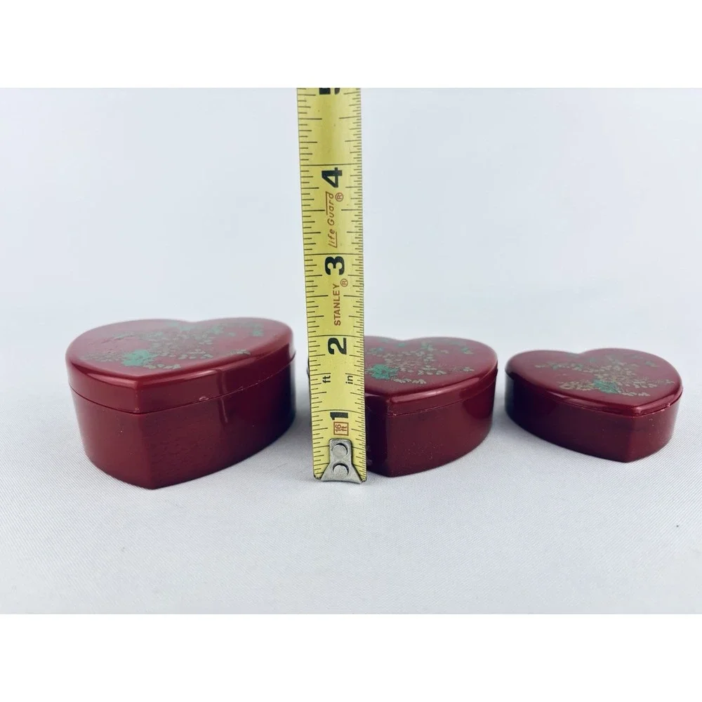 Vintage Red Nesting Heart Trinket Boxes Hong Kong - Plastic Floral Flowers Set 3